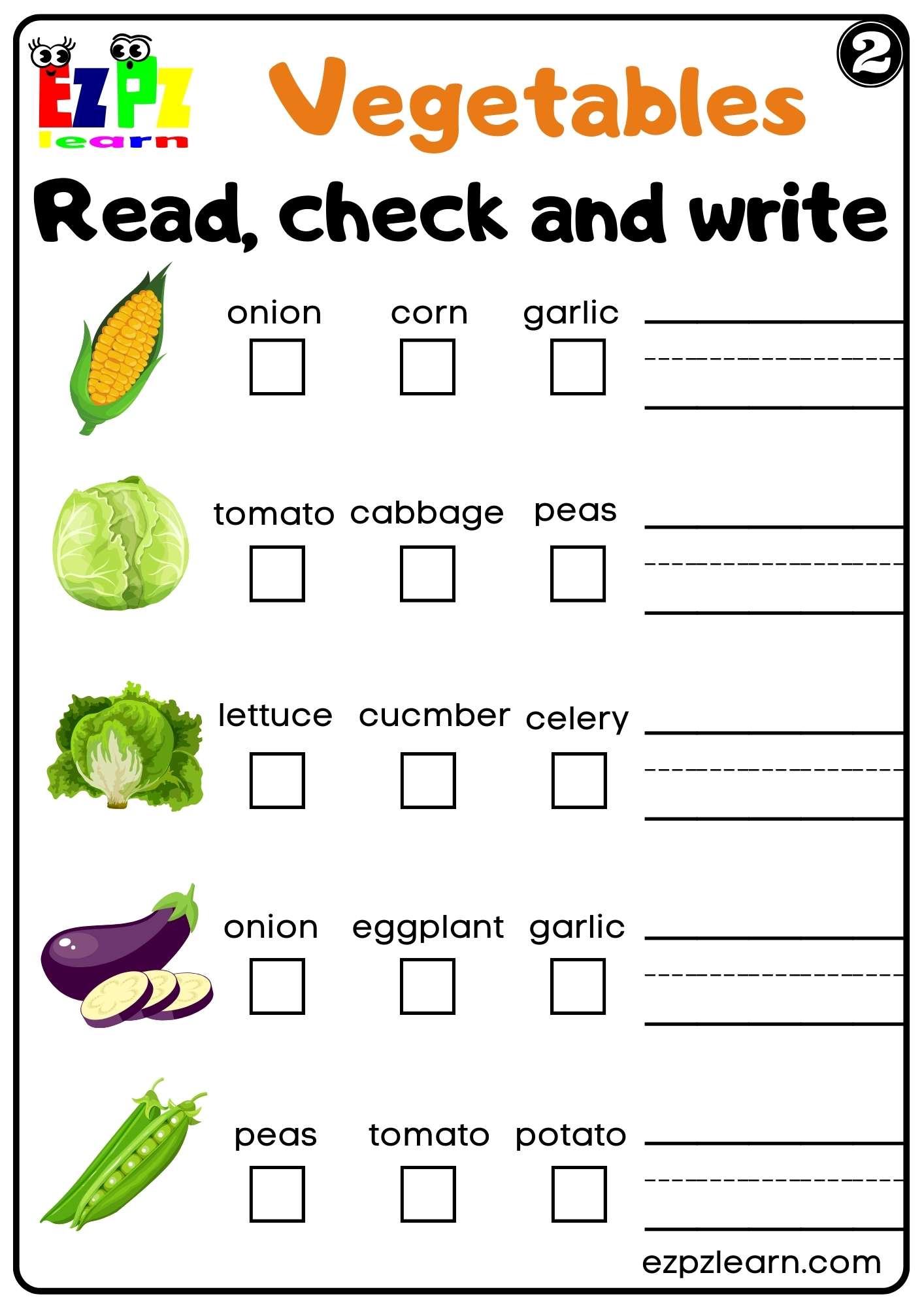 Vegetables Read Check and Write Worksheet for Kindergarten K5 and ESL Students Set 2